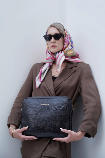 Laptop Ledertasche mit Krokooptik Schwarz