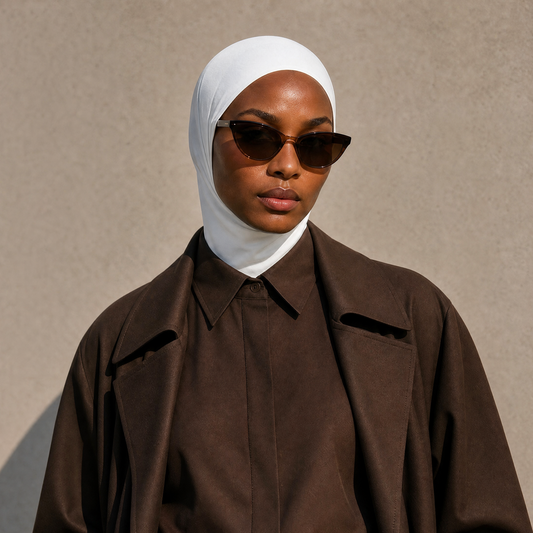 Micro Hijab in Weiß, getragen mit braunem Trenchcoat und Sonnenbrille, Nahaufnahme. KI-generiertes Bild.