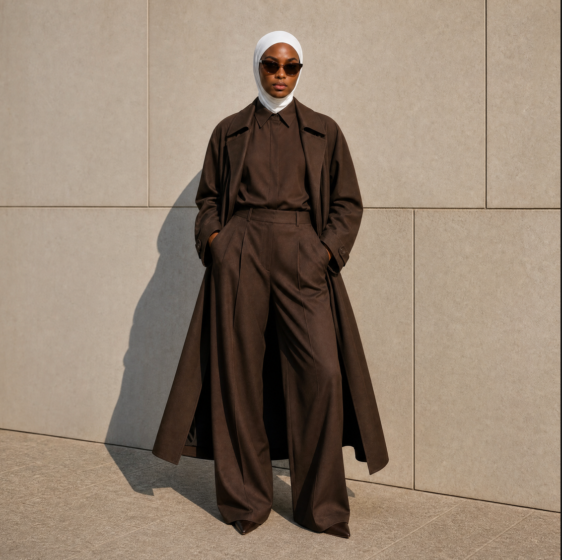 Micro Hijab in Weiß, Ganzkörperaufnahme im braunen Trenchcoat-Look mit weiter Stoffhose. KI-generiertes Bild.