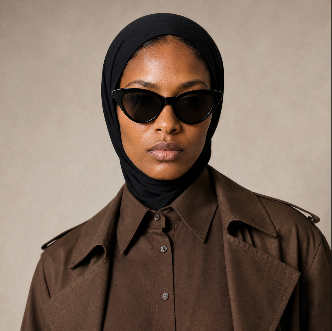 Micro Hijab in Schwarz, Nahaufnahme mit schwarzer Sonnenbrille und braunem Trenchcoat. KI-generiertes Bild.