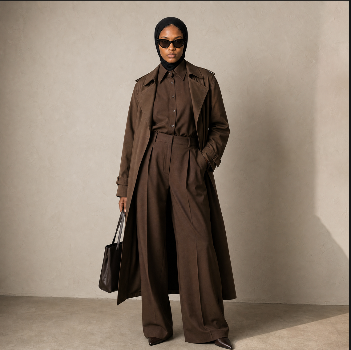 Micro Hijab in Schwarz, Ganzkörperaufnahme im braunen Trenchcoat-Look mit Handtasche. KI-generiertes Bild.