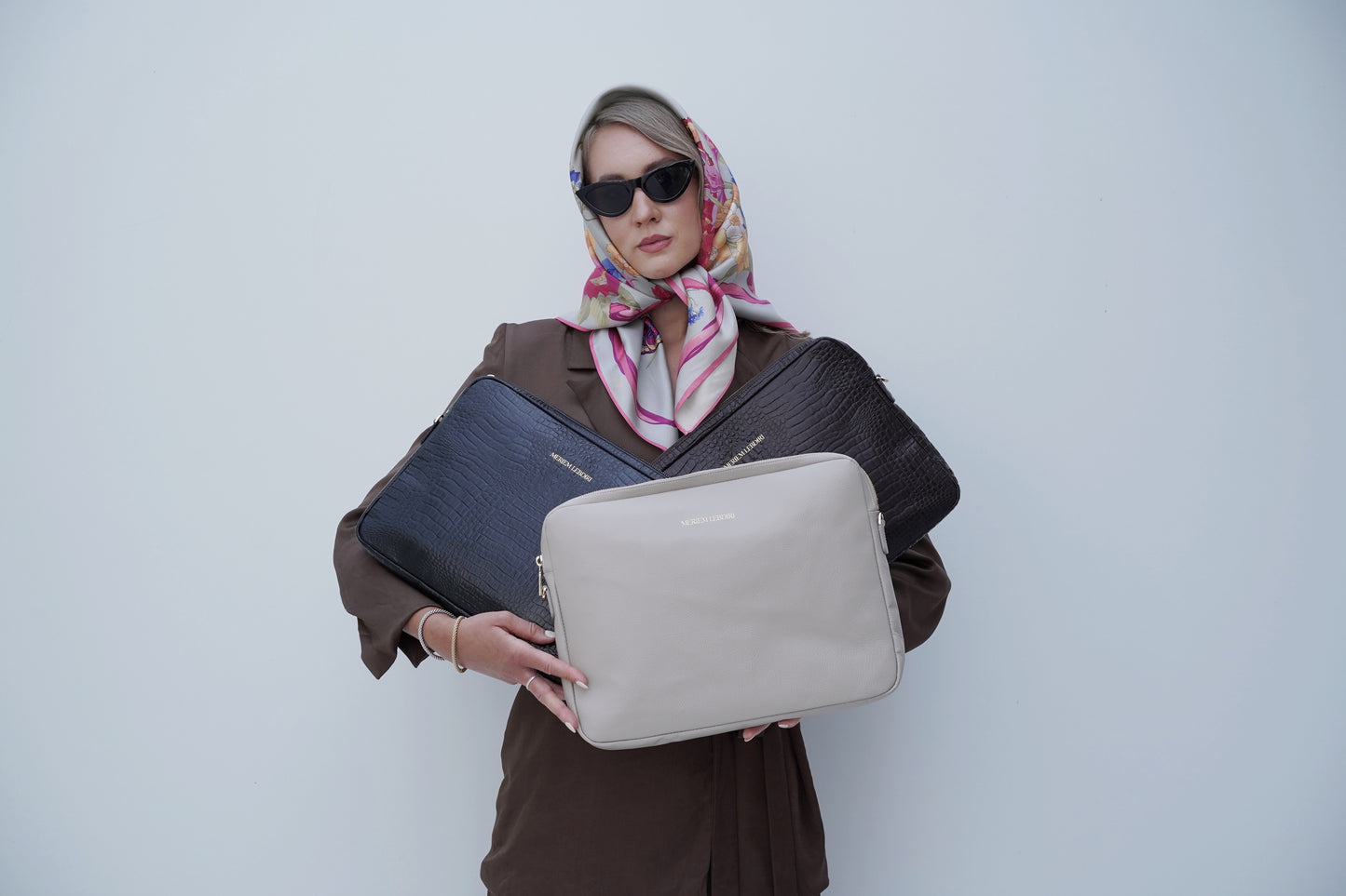 Laptop Ledertasche mit Krokooptik Braun