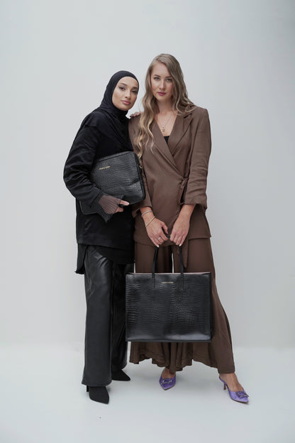 Laptop Ledertasche mit Krokooptik Schwarz
