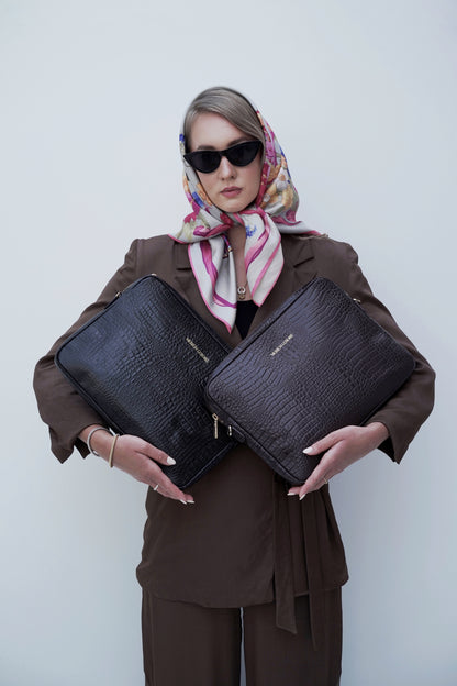 Laptop Ledertasche mit Krokooptik Schwarz