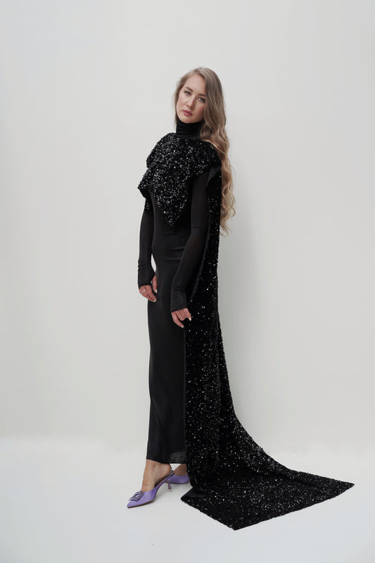 Schwarzes Pailletten-Cape-Kleid