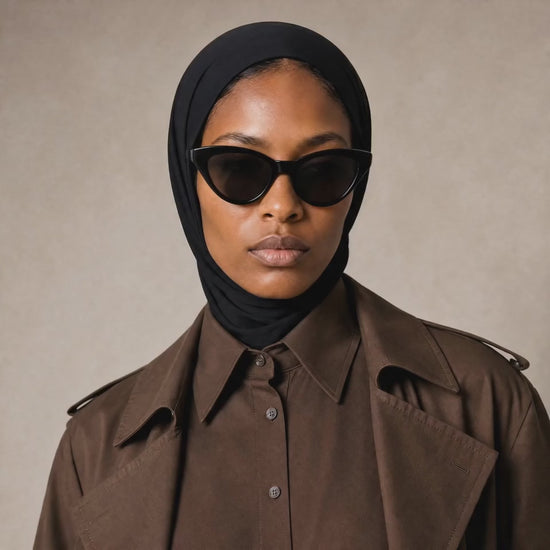 Micro Hijab in schwarz, Nahaufnahme mit Schildpatt-Sonnenbrille, seitlicher Blick, brauner Trenchcoat. KI-generiertes Video.